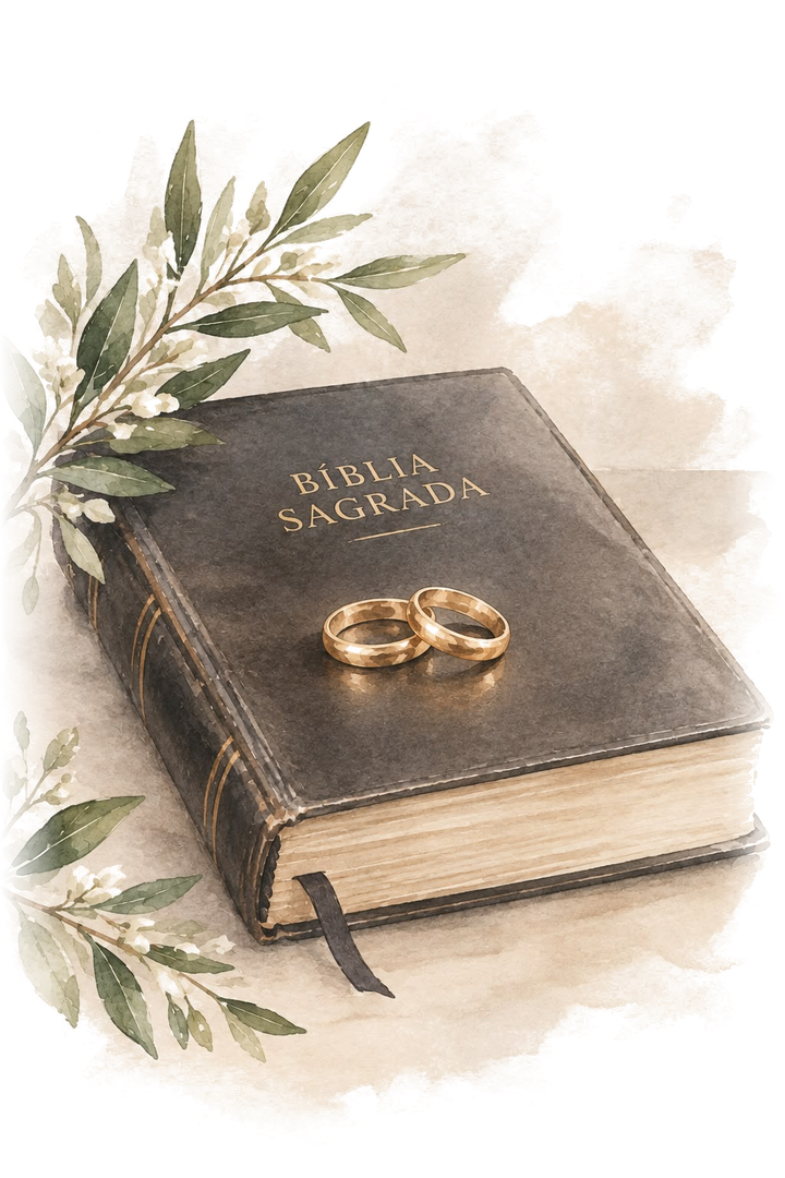 Bíblia Sagrada e Alianças de Casamento com Ramos de Oliveira em Aquarela